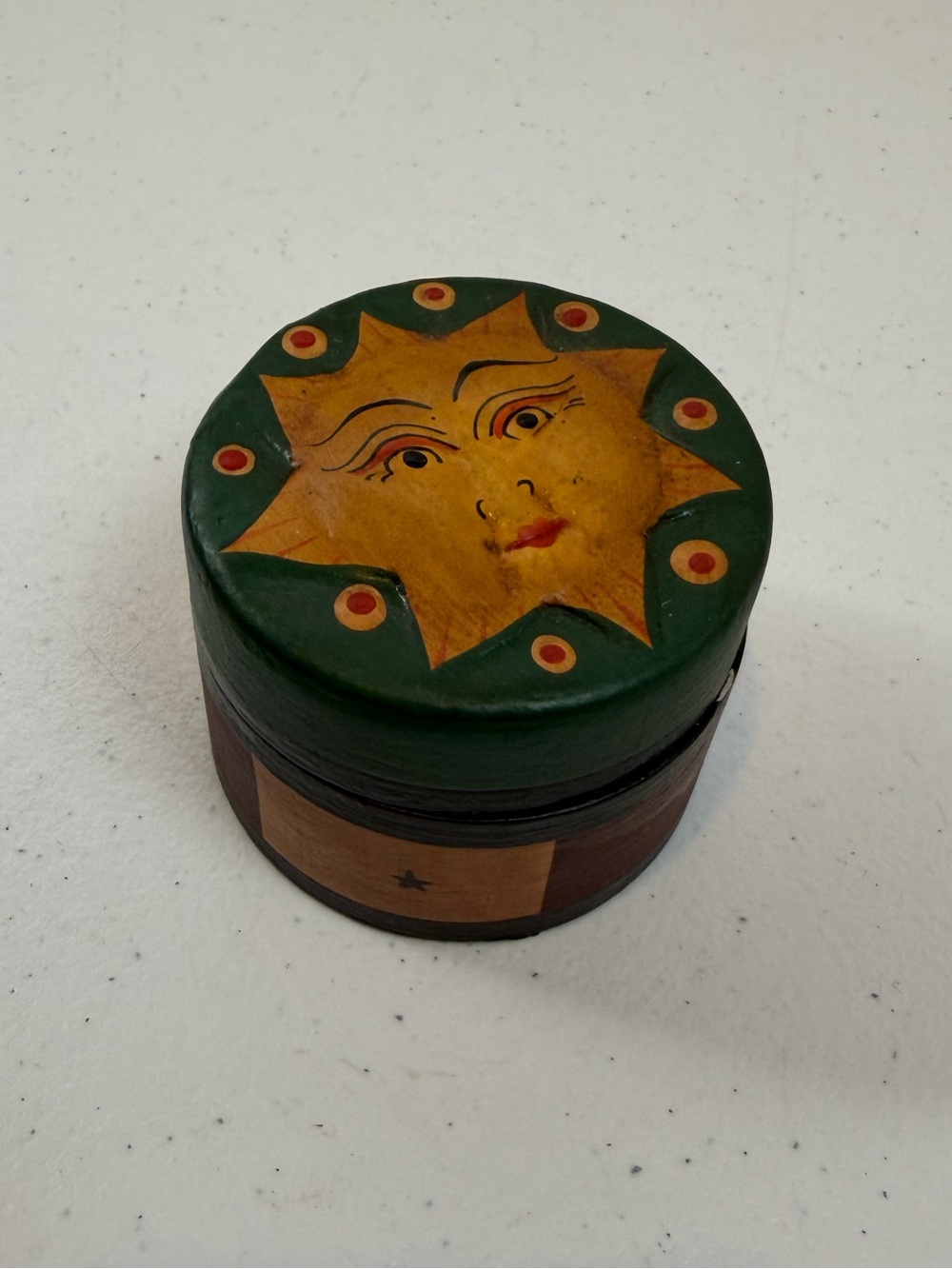 Vintage Hand Painted Wood Trinket Box Sun Face Celestial Folk Art Boho Decor 90s